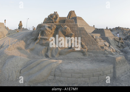 Trojanischen Krieg Sand Skulpturen auf dem Sand City Festival, Türkei, türkische Riviera, Lara Beach, Antalya Stockfoto