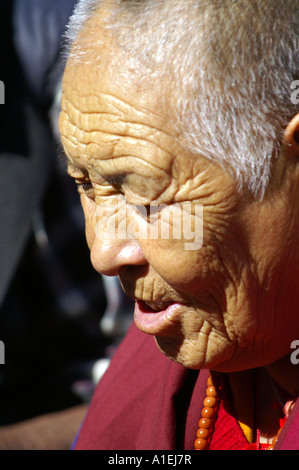 Portrait von sehr alten tibetischen Frau mit Falten im Gesicht, buddhistische Nonne Stockfoto