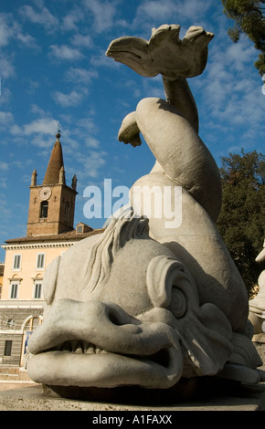 Detail des Fontana del Nettuno Neptunbrunnens, entworfen von Giuseppe Valadier und Skulptur von Giovanni Ceccarini in 1823 Piazza del Popolo, Rom Stockfoto