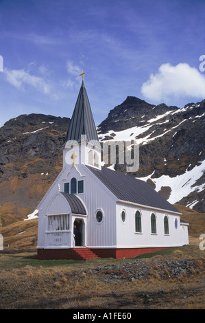 Weißen Holzkirche mit Turm in Grytviken auf Südgeorgien South Atlantic G Renner Stockfoto