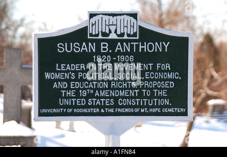 Zeichen markieren Susan B Anthony Grab in Mt Hope cemetery Stockfoto