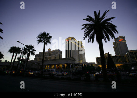 Las Vegas Hotels und Casinos Bellagio und Caesars Palace mit Palmen in der Abenddämmerung Stockfoto