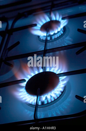 ZWEI BRENNENDE RINGE AUF GAS HERD KOCHFELD Stockfoto