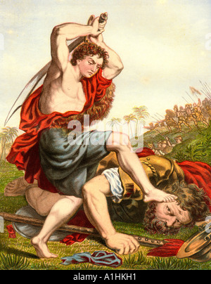 David tötet Goliath aus eine Auflage von John Browns selbst interpretieren Bibel erstmals veröffentlicht im Jahr 1778 Stockfoto