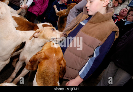 Golden Valley Jagd montieren auf dem Stadtplatz Uhr im Heu auf Wye Powys Wales UK GB Fox Hounds Mühle rund um den Fans Stockfoto