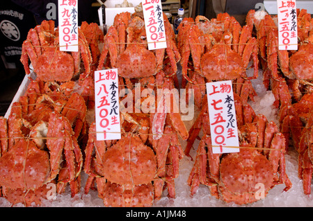 Frische Krabben zum Verkauf auf dem Sapporo Nijo Morgenfischmarkt in Hokkaido Japan Stockfoto