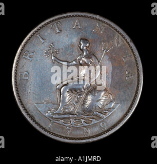 König George III 3 Reg Fid Def Pre Dezimal halben Penny alte Pence P 1799 Kupfer hell Britannia Schild Trident Meer Helm Flagge Stockfoto