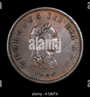 König George III 3 Reg Fid Def Pre Dezimal halben Penny alten Pence P 1806 Kupfer hellen Kopf rechts Lorbeer Blatt Stockfoto