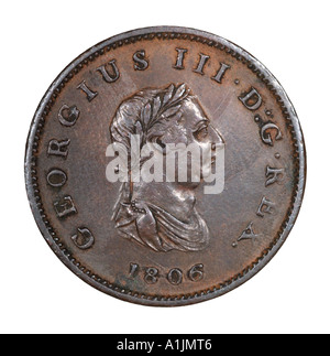 König George III 3 Reg Fid Def Pre Dezimal halben Penny alten Pence P 1806 Kupfer hellen Kopf rechts Lorbeer Blatt Stockfoto