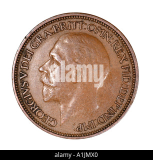 König George V 5 Reg Fid Def Pre Dezimal halben Penny alten Pence P 1927 Kupfer hellen Kopf Schnurrbart Bart links Stockfoto