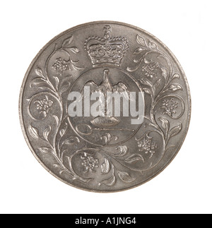 Queen Elizabeth II 2 Pre Dezimal 5 fünf Schilling 60 sechzig alte Pence Krone Silber hell 1977 Vogel Blume Scroll Stockfoto