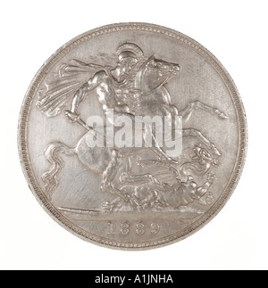 Königin Victoria Pre Dezimal 5 fünf Schilling 60 sechzig alte Pence George Drachen Speer Silber hell 1889 Pferd Krone Stockfoto