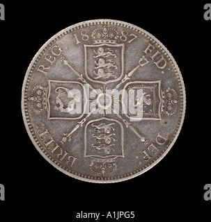 ein Florin zehnten Pfund Victoria Victorian Queen Kaiserreich Witwe royal Silber Krone zwei alte Brötchen 1887 dei Gratia Reg Fid def Stockfoto