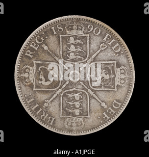 ein Florin zehnten Pfund Victoria Victorian Queen Kaiserreich Witwe royal Silber Krone zwei alte Brötchen 1890 dei Gratia Reg Fid def Stockfoto