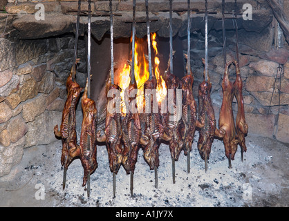 Traditionelle Spanferkel am offenen Feuer, sardischen Abend, Hotel Rocce Sarde, San Pantaleo, Sardinien, Italien Stockfoto