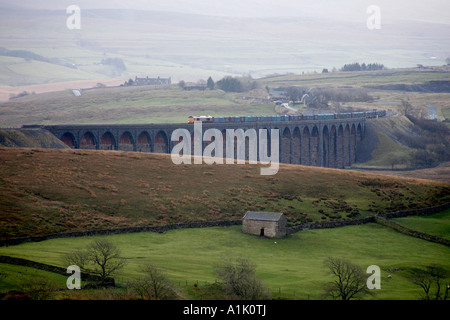 Güterzug auf Ribblehead-Viadukt Stockfoto