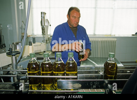 Arbeiter, füllen Öl in Flaschen, Provinz Jaen, Andalusien, Spanien, Europa Stockfoto