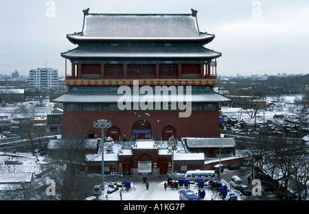 Trommelturm im Schnee Winter Beijing 2002 Stockfoto