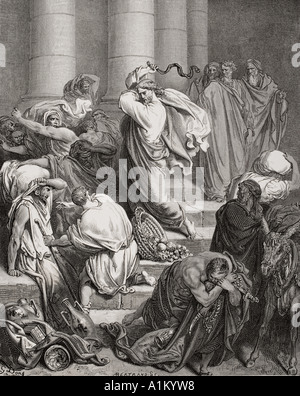 Gravur von Dore Bibel, Lukas 19. 45 und 46. Die Käufer und Verkäufer aus dem Tempel Getrieben von Gustave Dore Stockfoto