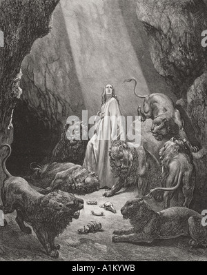 Gravur von Dore Bibel illustriert Daniel vi 16. und 17. Daniel in der Löwengrube von Gustave Dore Stockfoto