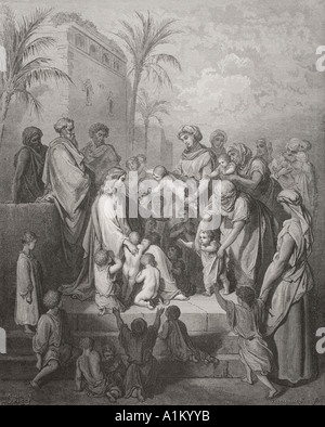 Gravur von Dore Bibel Illustration Mark x 13. bis 16. Jesus segnet die Kinder von Gustave Dore Stockfoto