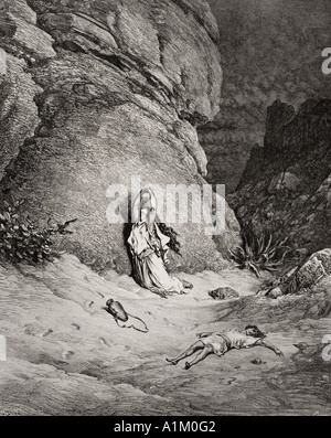 Gravur von Dore Bibel, Genesis 14 bis 19 xxi. Hagar und Ismael in der Wüste von Gustave Dore Stockfoto