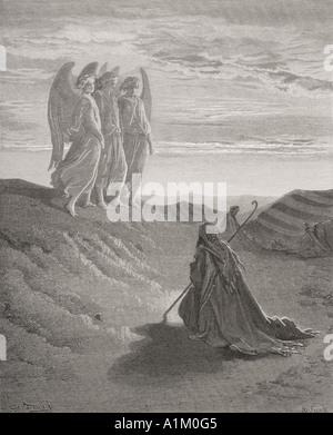 Kupferstich von Dore Bibel illustrieren Genesis Xviii 1 bis 8.  Abraham und die drei Engel von Gustave Dore Stockfoto