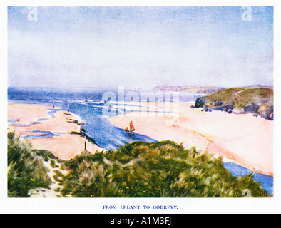 Von Lelant, Godrevy Edwardian Aquarell von Ebbe in der Mündung des River Hayle in St Ives Bay Godrevy Head jenseits Stockfoto