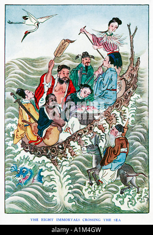 Die acht unsterblichen überqueren das Meer Pa Hsien Kuo Hai die taoistische Gottheiten der 1920er Jahre Illustration eines chinesischen Künstlers Stockfoto