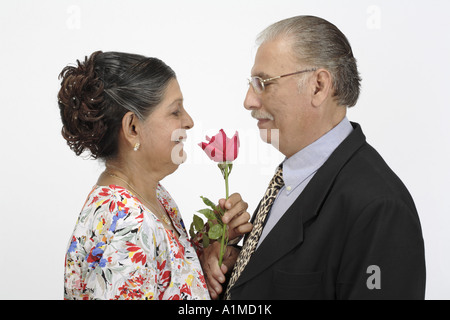 Liebevoller indische Senioren paar Ehemann bietet rose Blume happy birthday Frau Stockfoto
