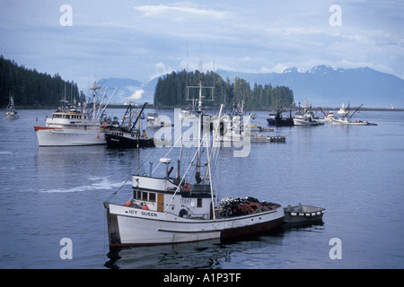 kommerzielle Sien Fischereifahrzeuge Last off wieder Kumpel oder ein Hund Lachs Oncorhynchus Keta im südöstlichen Alaska Hidden Falls Stockfoto