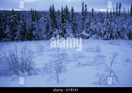 Verschneite Landschaft mit alten hölzernen Scheune und schneebedeckten Fichten in Edsåsdalen, Schweden Stockfoto