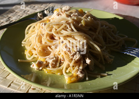 Nahaufnahme eines Tellers Spaghetti mit Huhn und Gemüse auf grünem Teller, bereit zum Genießen. Stockfoto