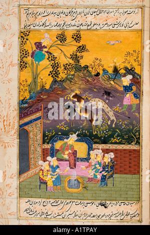 Gemälde aus einer persischen Handschrift aus dem 17. Jahrhundert. Jäger und Favoriten trinken mit einem edlen oder König Stockfoto