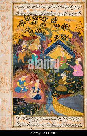 Gemälde aus einer persischen Handschrift aus dem 17. Jahrhundert. Trinkfeier im Freien an einem Fluss oder See. Stockfoto