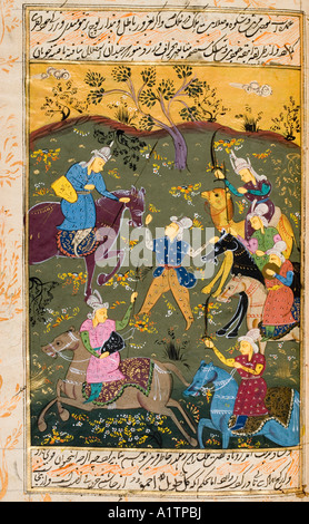 Gemälde aus einer persischen Handschrift aus dem 17. Jahrhundert. Jagdparty, die sich auf den Aufstellweg vorbereitet. Stockfoto