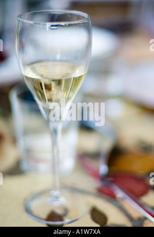 Halb volles Glas Weißwein auf Sommer Tabelle flachen Schärfentiefe nass Mark Lippen Rand Stockfoto