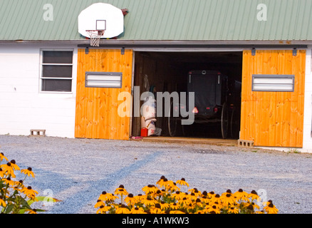 Pferdekutsche Beförderung innerhalb der Amischen Garage mit modernen Basketball Rückwand drauf geparkt Stockfoto