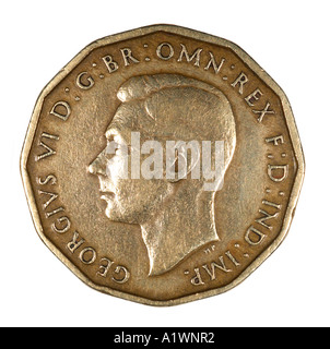 König George VI Reg Fid Def Pre dezimal 3 drei Thrupence Penny alten Pence P 1945 Kupfer hellen Kopf nach links Omn Rex dei Stockfoto