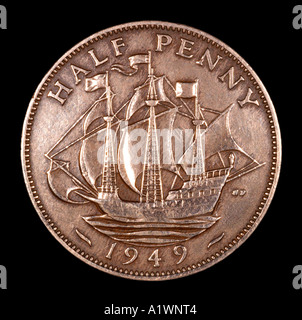 König George VI Reg Fid Def Pre Dezimal halben Penny alten Pence P 1949 Kupfer helles Boot segeln maritime marine Fregatte Stockfoto