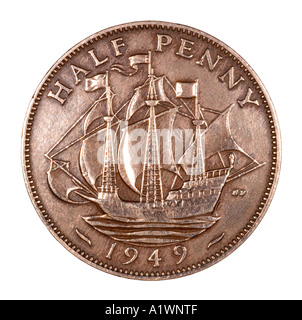 König George VI Reg Fid Def Pre Dezimal halben Penny alten Pence P 1949 Kupfer helles Boot segeln maritime marine Fregatte Stockfoto