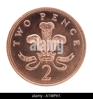 Queen Elizabeth 2 II Reg Regina Decimal 2 zwei neue Pence P Gesicht recht junge Profil Krone Feder Band Kupfer hell Stockfoto
