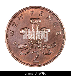 Queen Elizabeth 2 II Reg Regina Decimal 2 zwei neue Pence P Gesicht recht junge Profil Krone Feder Kupfer Band hell Stockfoto