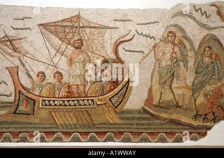 Mosaik-Szene aus Homers Odyssee, Odysseus Treffen mit Sirenen in The Bardo-Museum in Tunis, Hauptstadt von Tunesien. Stockfoto