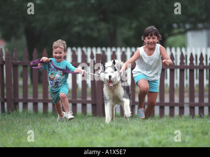 Zwei kleine Kinder Kinder Jungen und Mädchen läuft mit Haustier Hund Freude und Freude auf Gesicht spielen und Familienliebe Stockfoto