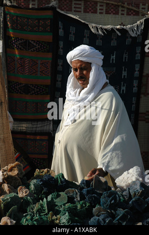 Mann mit Souvenirs aus Stall am Straßenrand Damm überqueren Chott el Jerid See in Tunesien Stockfoto