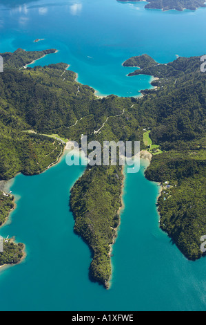 Wasserfall Bay L Mistletoe Bay R und Kenepuru Sound Top Marlborough Sounds Südinsel Neuseeland-Antenne Stockfoto