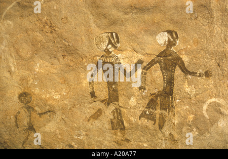 Fresken-Felszeichnungen am Tanzoumaitak Tassili N Ajjer Hochebene Wüste Sahara Algerien in der Nähe von Djanet Stockfoto