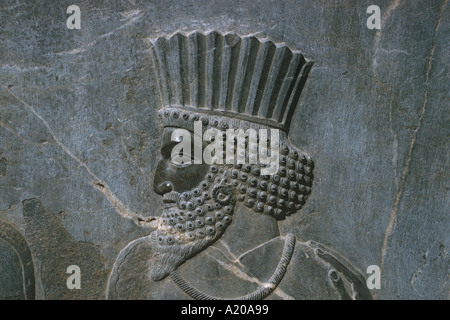 Basrelief Figur des Guard oder edel auf Fries entlang der Außenwand des zentralen Palast; Persepolis in der islamischen Republik Iran; Stockfoto