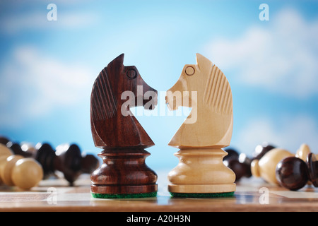 Schachfiguren, zwei Ritter von Angesicht zu Angesicht Stockfoto